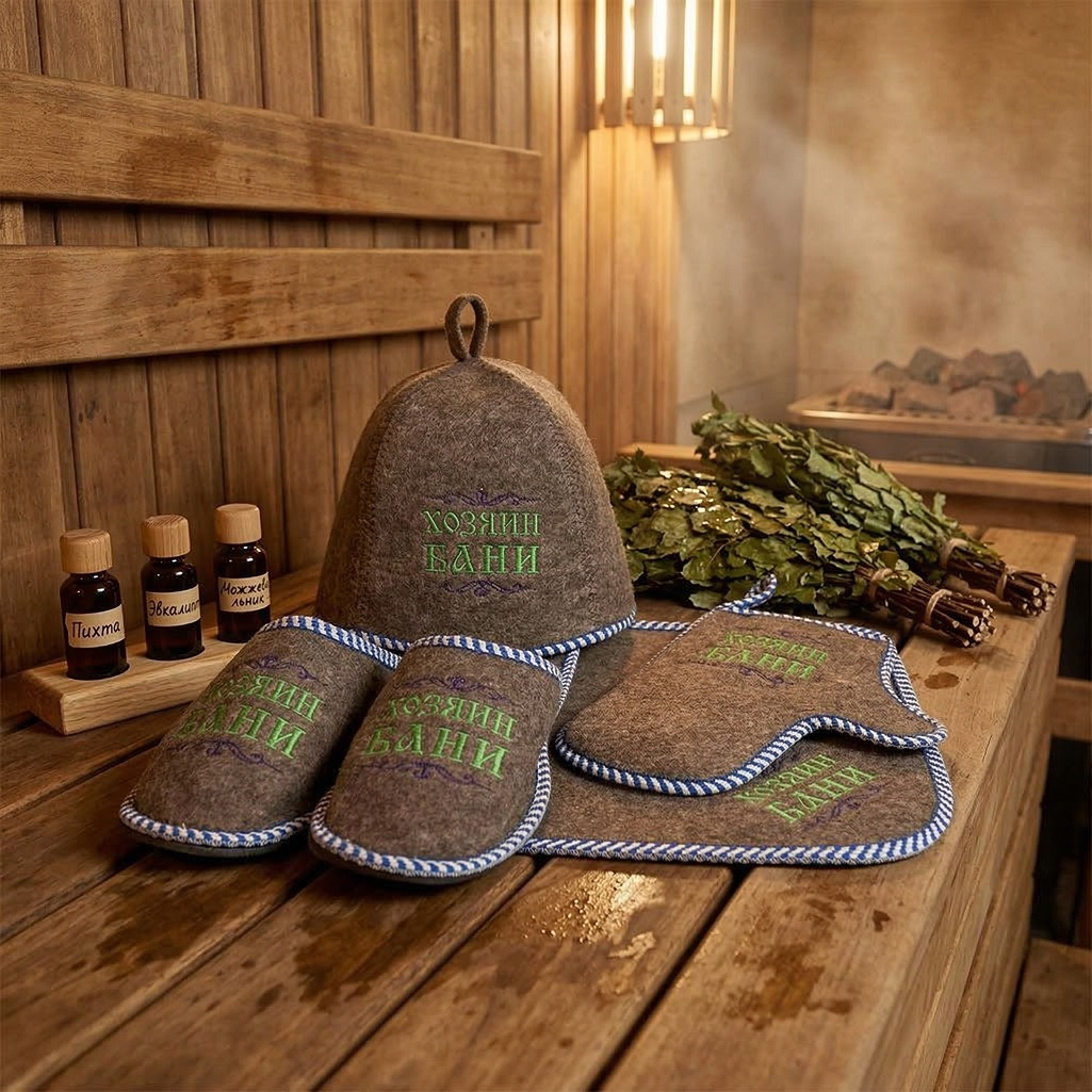 Набор 212F Н-1 Хозяин бани, шапка, коврик, рукавица, тапки, войлок, серый