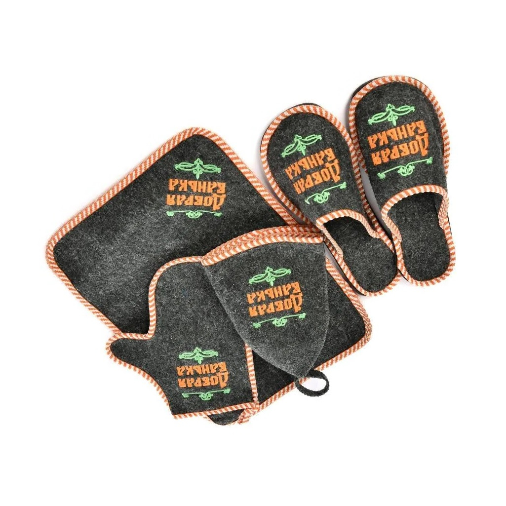 Набор для бани и сауны 212F Добрая банька Н-6, войлок серый, шапка, коврик, рукавица, тапки