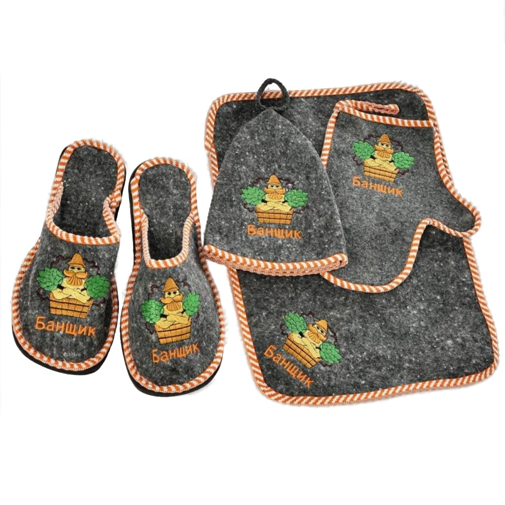 Набор для бани и сауны 212F Банщик Н-13, войлок серый, шапка, коврик, рукавица, тапки