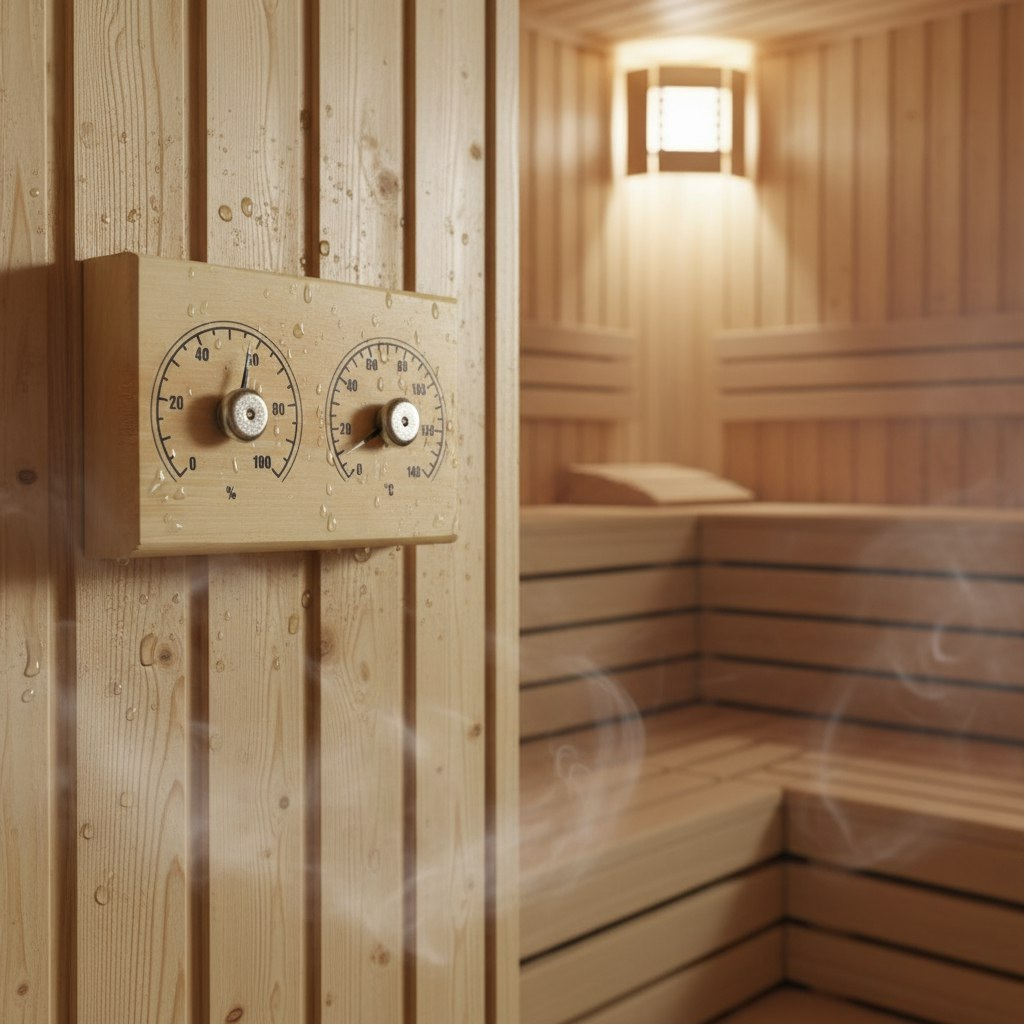 Станция банная Proffi Sauna PS0570 Прямоугольная, открытая, Береза, для бани и сауны, 2 стрелки, термометр, гигрометр