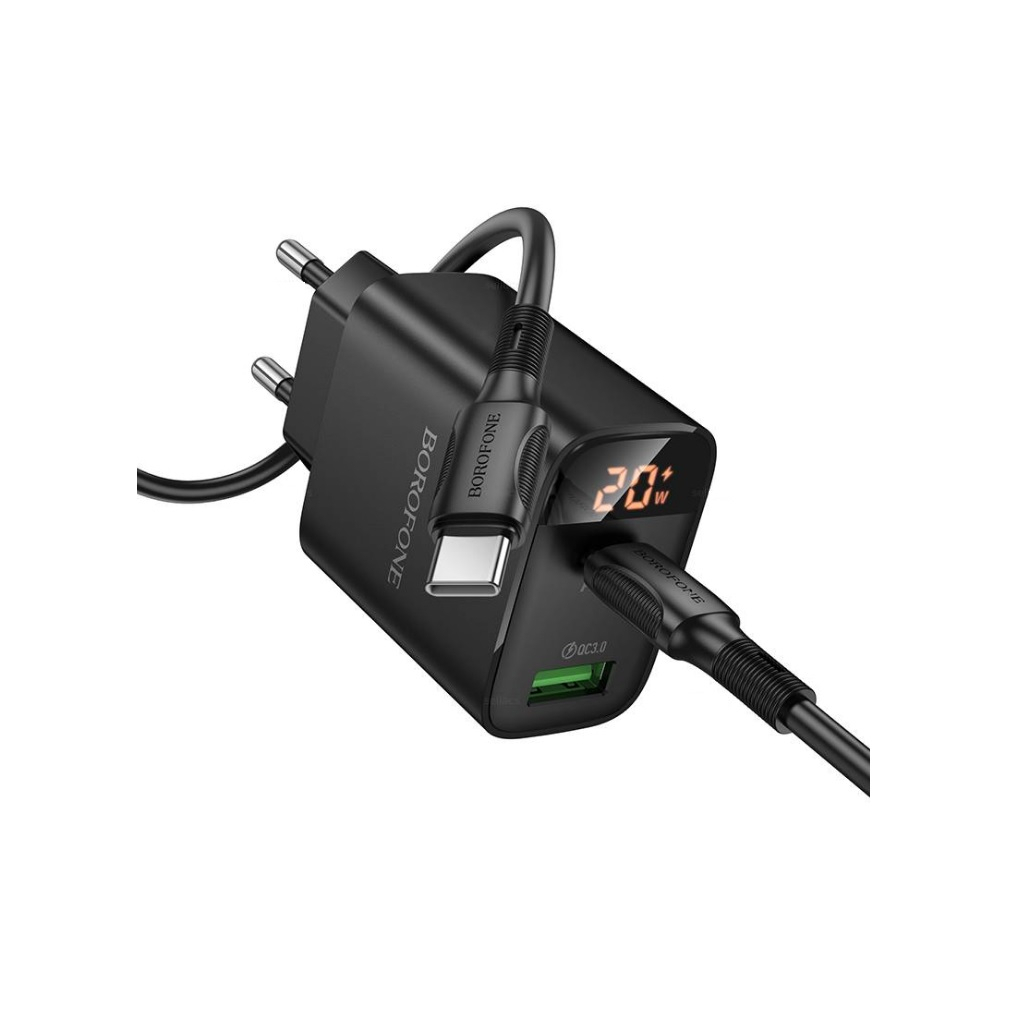 Блок зарядный Borofone BA96A, USB-Type-C, Type-C-Lightning, 3 А, 2 разъема, цифровой дисплей, черный