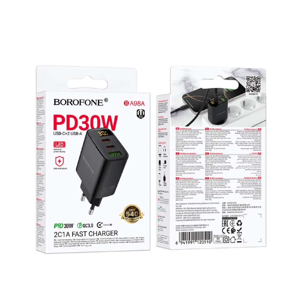 Блок зарядный Borofone BA98A, PD30W, 2C1A, 3 разъема, цифровой дисплей, черный