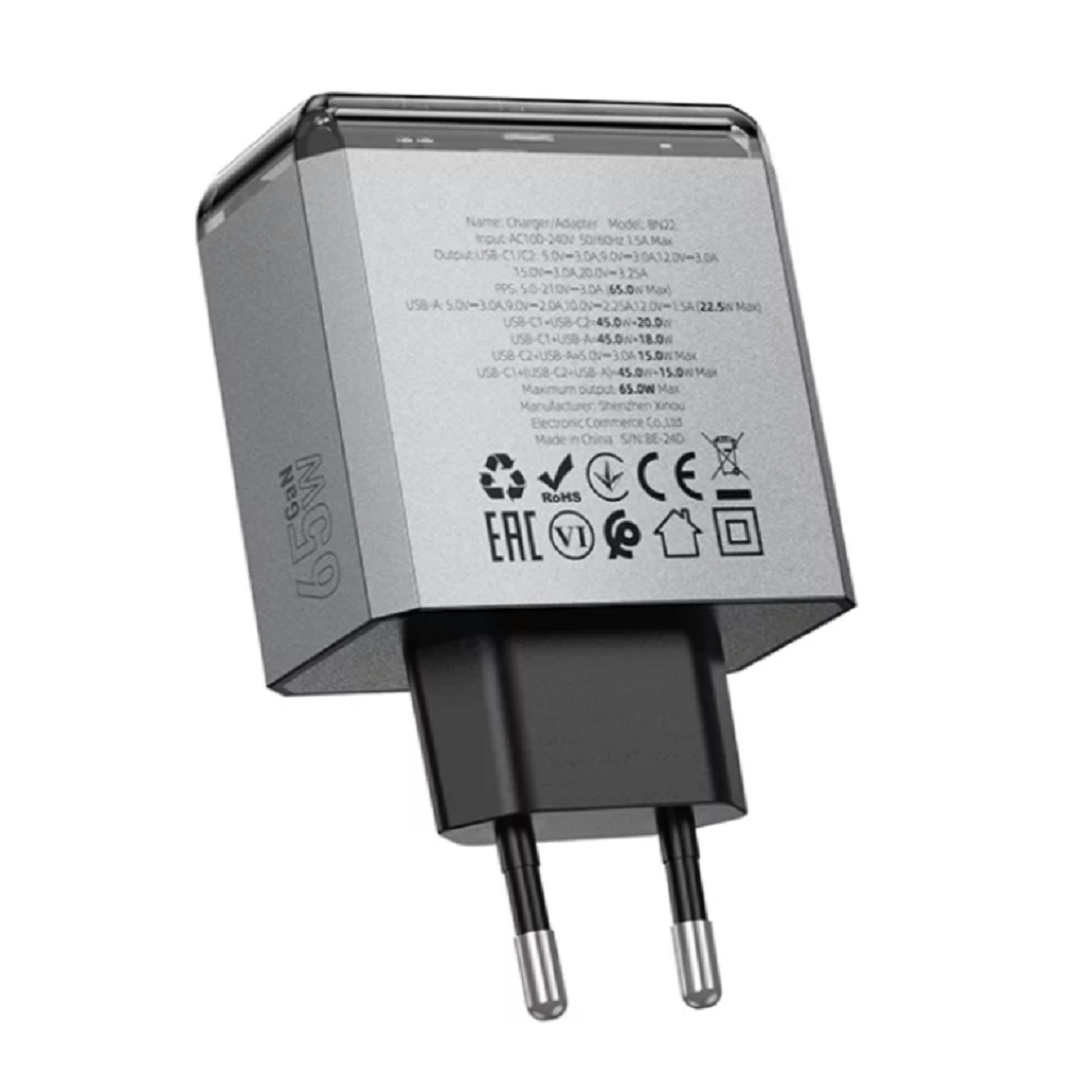 Блок зарядный Borofone High Power BN22, 65W Three Ports Charger, черный