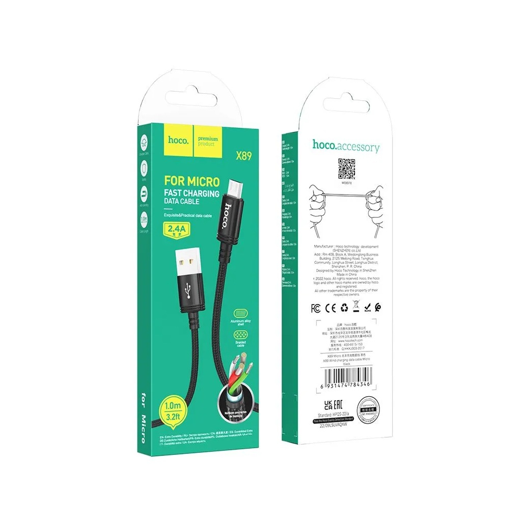 Кабель Hoco X89, Micro USB - USB, 2.4 А, нейлоновая оплетка, цвет черный, 1 м