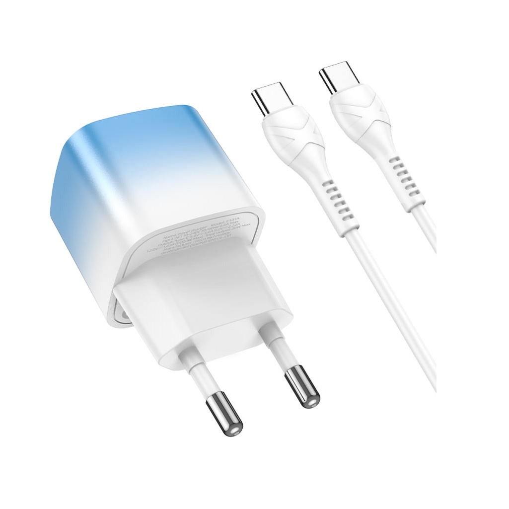 Блок зарядный Hoco C101A, 1xPD, Type-C, 20W, с кабелем Type-C-Type-C, белый с голубым 