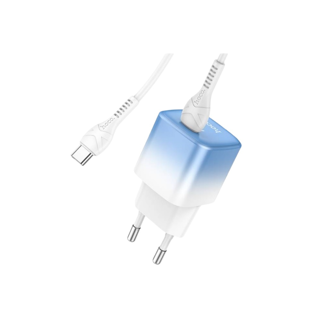 Блок зарядный Hoco C101A, 1xPD, Type-C, 20W, с кабелем Type-C-Type-C, белый с голубым 