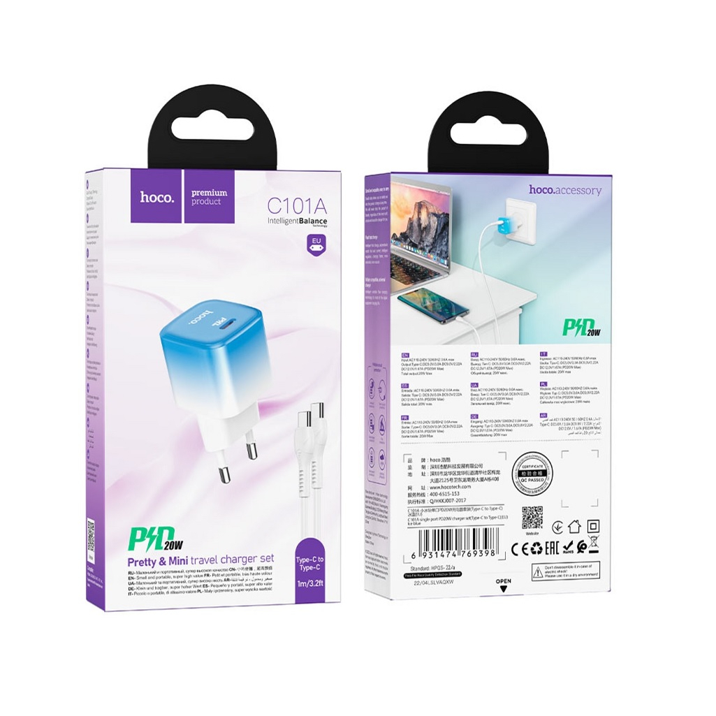 Блок зарядный Hoco C101A, 1xPD, Type-C, 20W, с кабелем Type-C-Type-C, белый с голубым 
