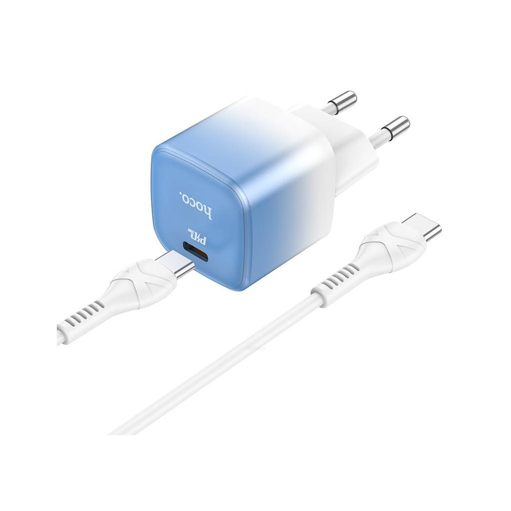 Блок зарядный Hoco C101A, 1xPD, Type-C, 20W, с кабелем Type-C-Type-C, белый с голубым 