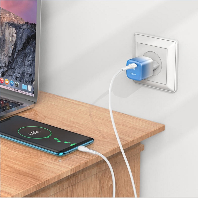 Блок зарядный Hoco C101A, 1xPD, Type-C, 20W, с кабелем Type-C-Type-C, белый с голубым 