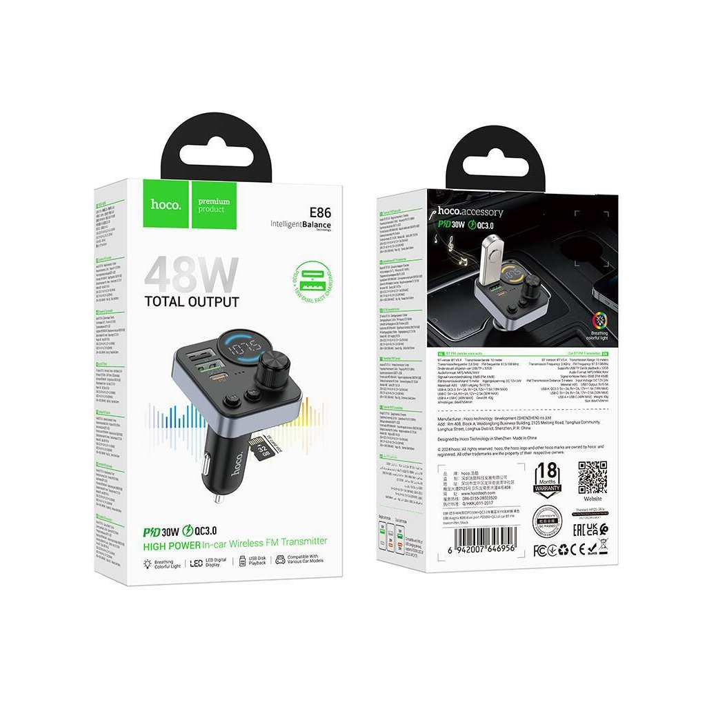 FM-трансмиттер Hoco E86 Alegria, Bluetooth, PD30W/QC3.0, 48 Вт, черный