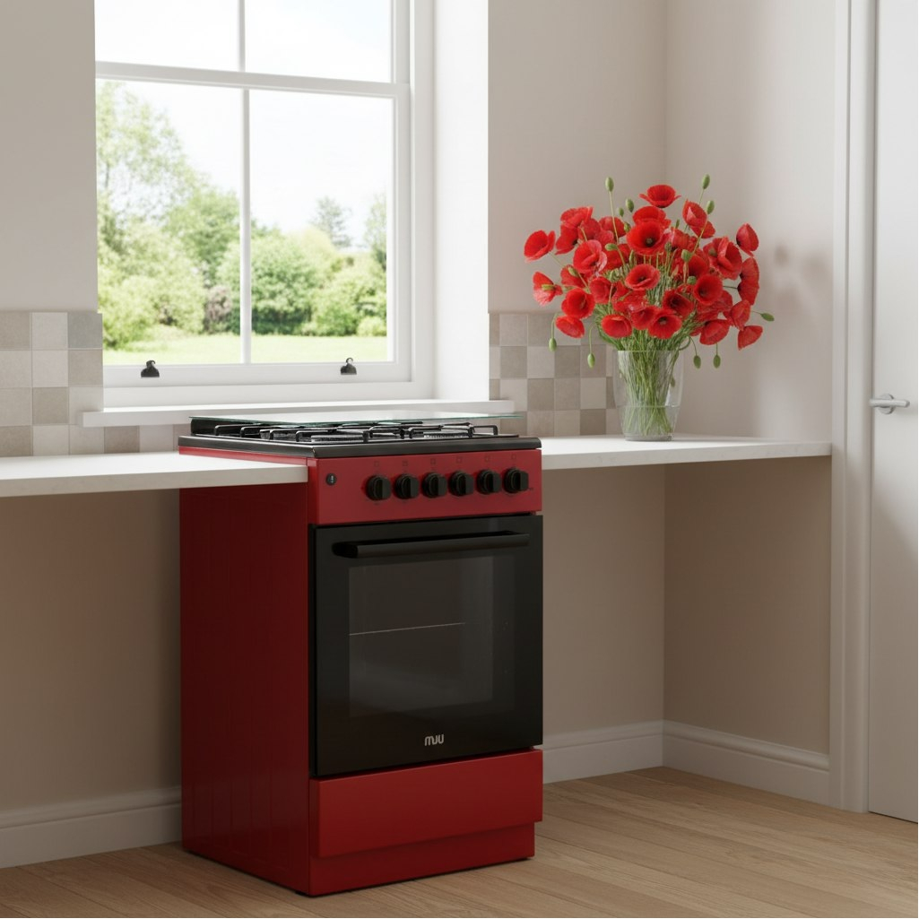 Плита газовая MIU UNO 52S, УТ-00002893, цвет красный, объем духовки 54 л, откидная дверца