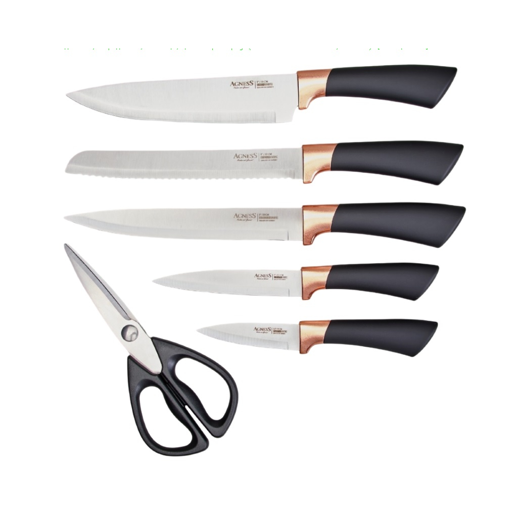 Набор ножей Agness 911-784, на пластиковой подставке, 7 предметов, ножницы, цвет черный