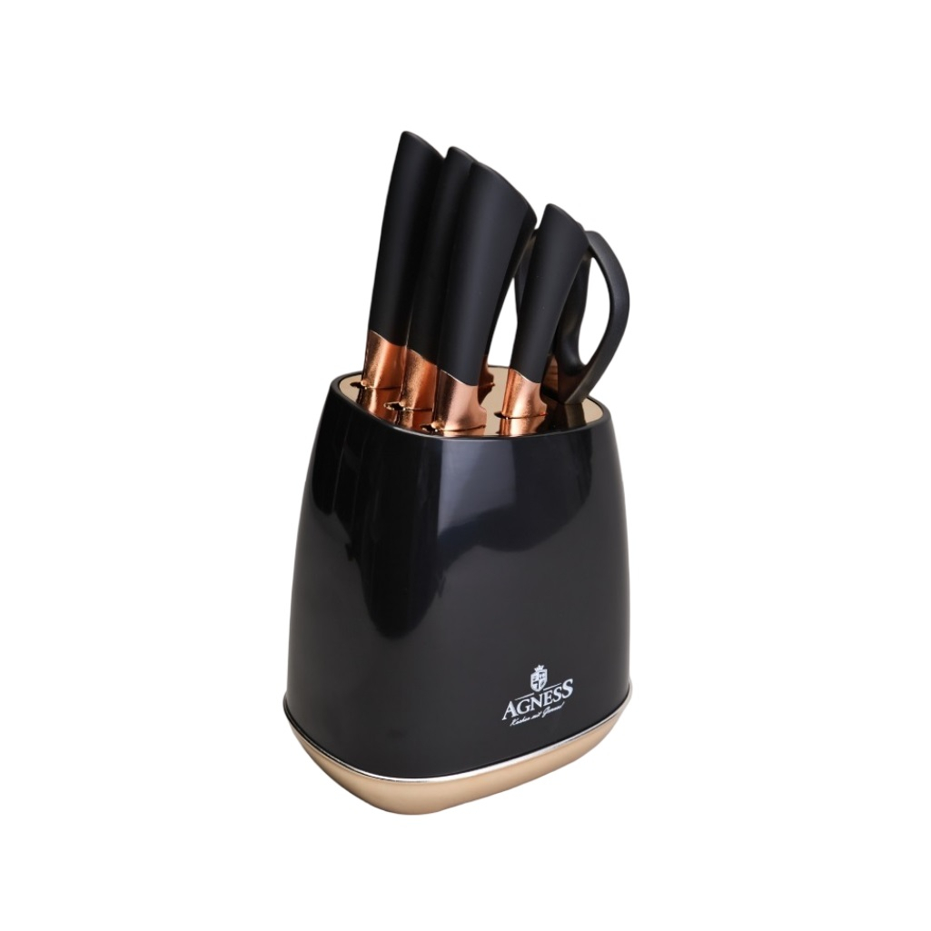 Набор ножей Agness 911-784, на пластиковой подставке, 7 предметов, ножницы, цвет черный