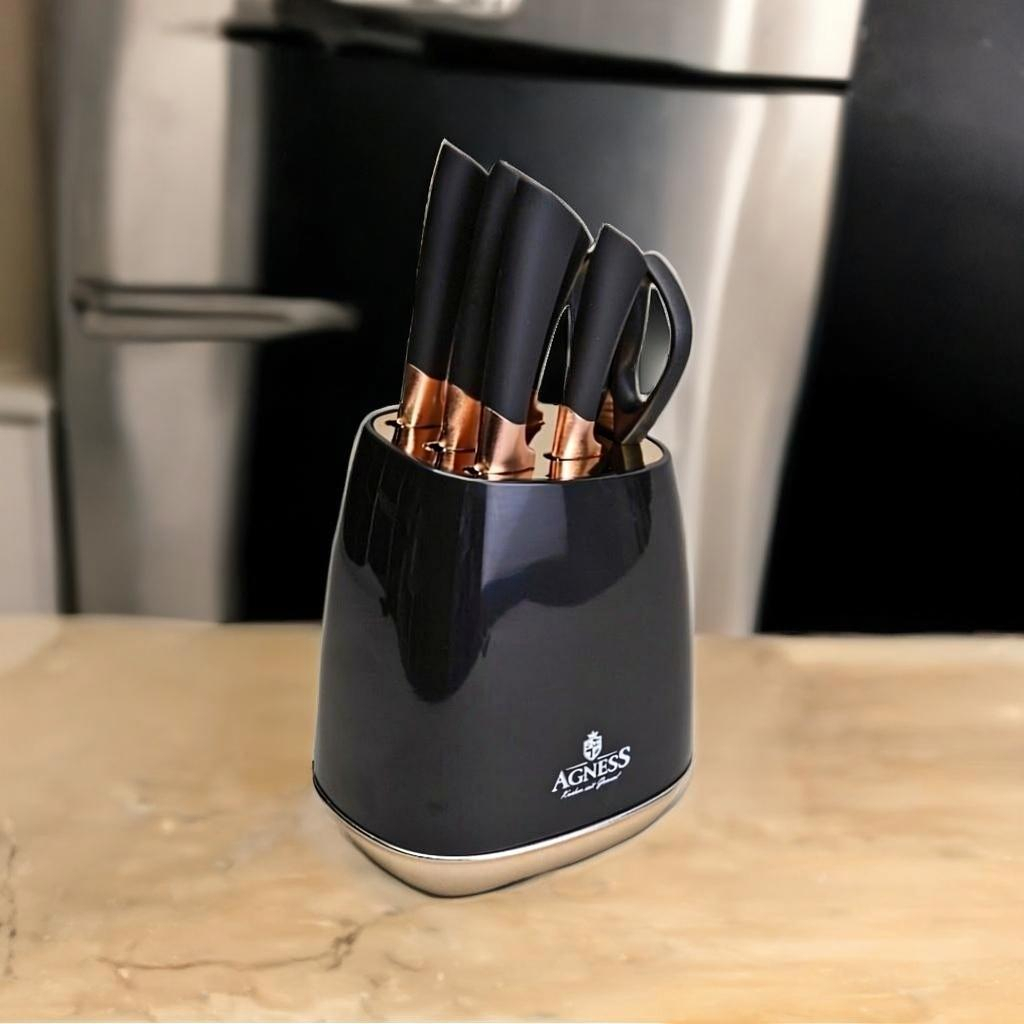 Набор ножей Agness 911-784, на пластиковой подставке, 7 предметов, ножницы, цвет черный