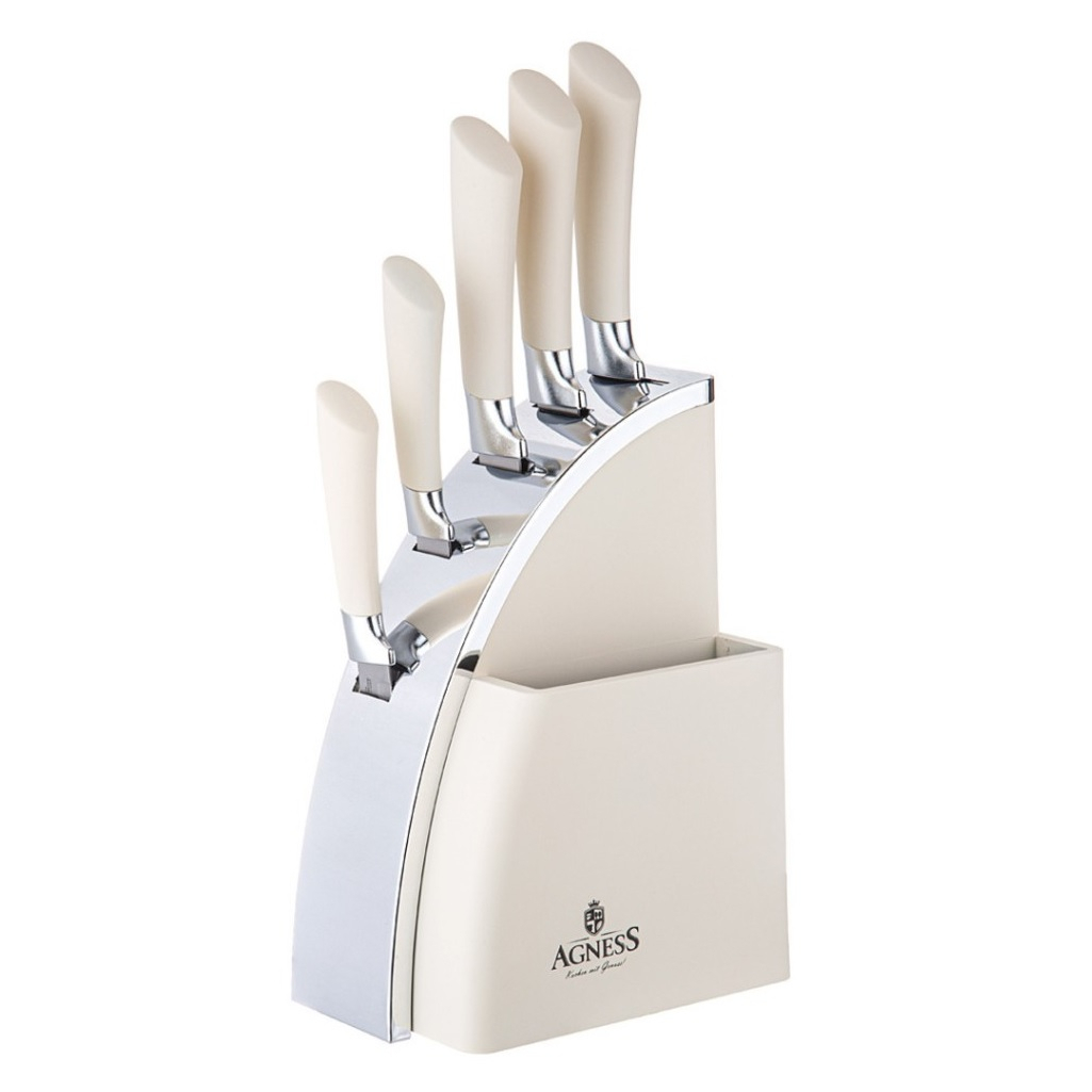 Набор ножей Agness 911-743 на пластиковой подставке, 6 предметов, цвет белый, хром