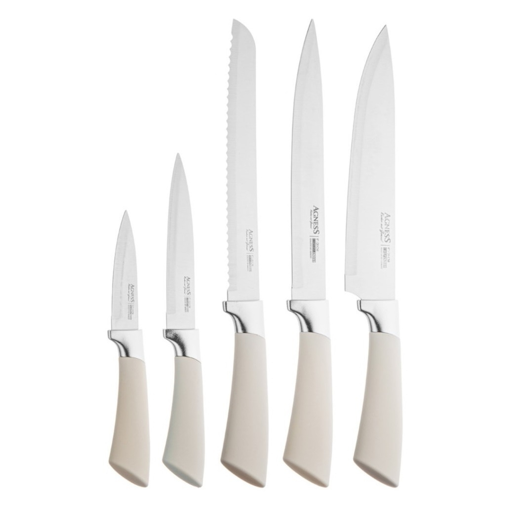 Набор ножей Agness 911-743 на пластиковой подставке, 6 предметов, цвет белый, хром