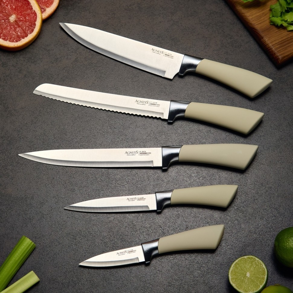 Набор ножей Agness 911-743 на пластиковой подставке, 6 предметов, цвет белый, хром