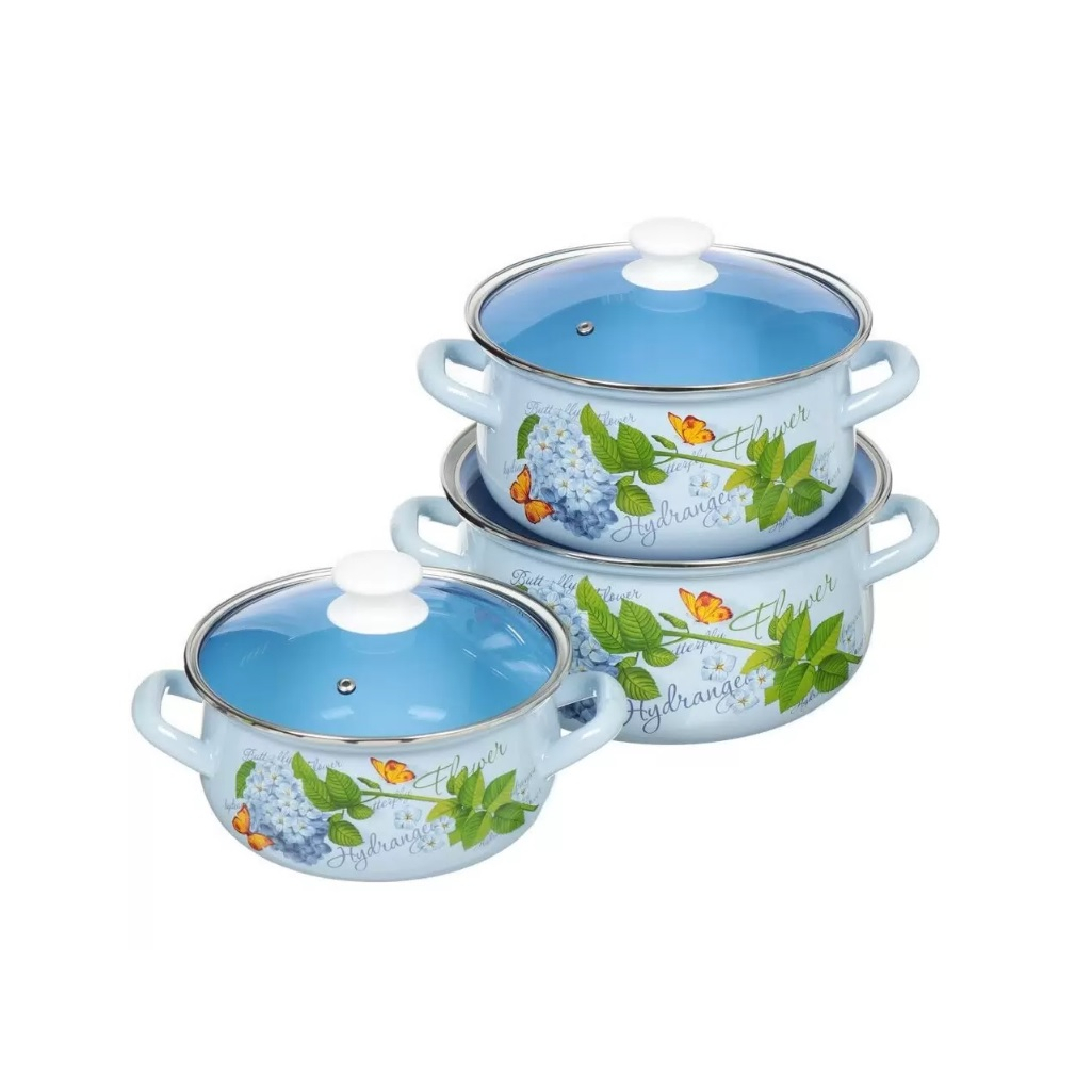 Набор эмалированных кастрюль Керченский металлургический завод Гортензия-Экстра, 2л, 3л, 4л, с крышками