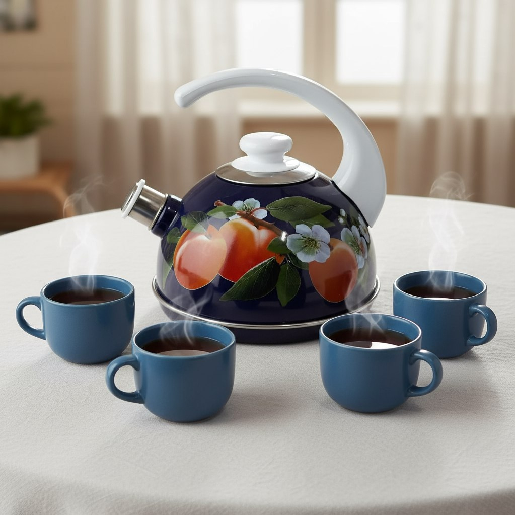 Чайник эмалированный Рубин Абрикос, со свистком, ручка консольная, синий, 2.5 л