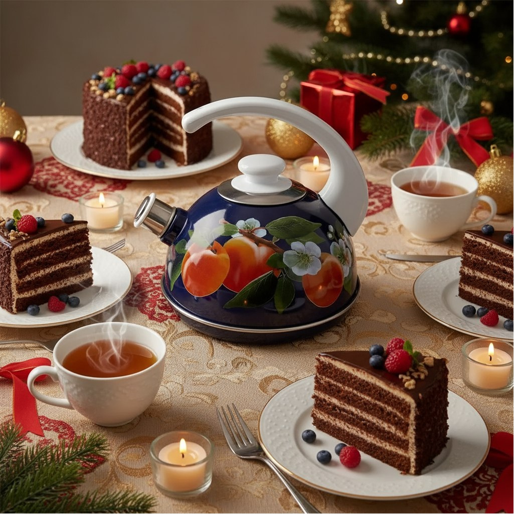 Чайник эмалированный Рубин Абрикос, со свистком, ручка консольная, синий, 2.5 л