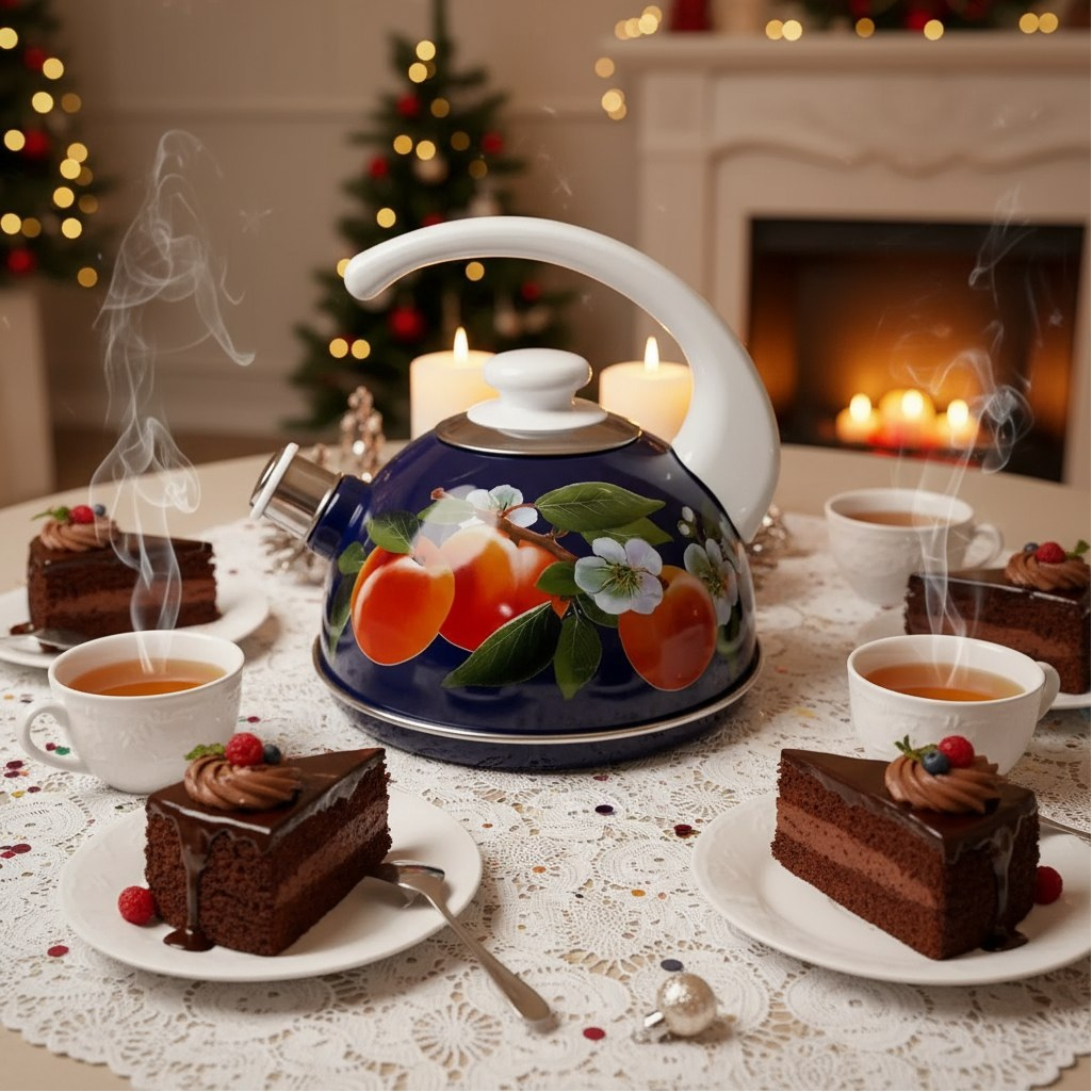 Чайник эмалированный Рубин Абрикос, со свистком, ручка консольная, синий, 2.5 л