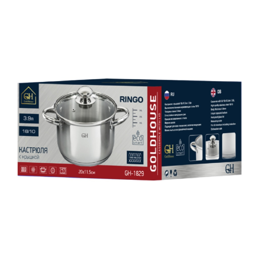 Кастрюля из нержавеющей стали Gold House Ringo GH-1829, стеклянная крышка, объем 3.9 л