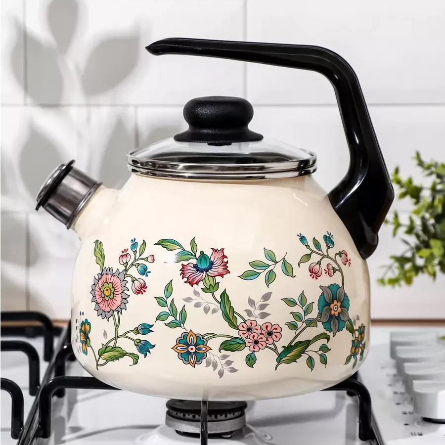 Чайник эмалированный СтальЭмаль Луговые цветы, со свистком, ручка консольная, индукция, 3 л