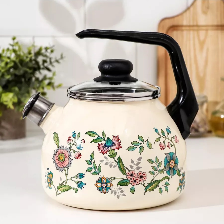 Чайник эмалированный СтальЭмаль Луговые цветы, со свистком, ручка консольная, индукция, 3 л
