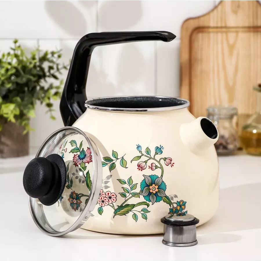 Чайник эмалированный СтальЭмаль Луговые цветы, со свистком, ручка консольная, индукция, 3 л