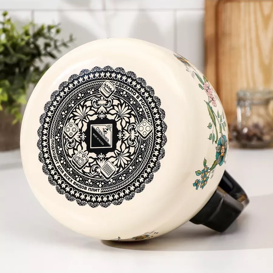 Чайник эмалированный СтальЭмаль Луговые цветы, со свистком, ручка консольная, индукция, 3 л