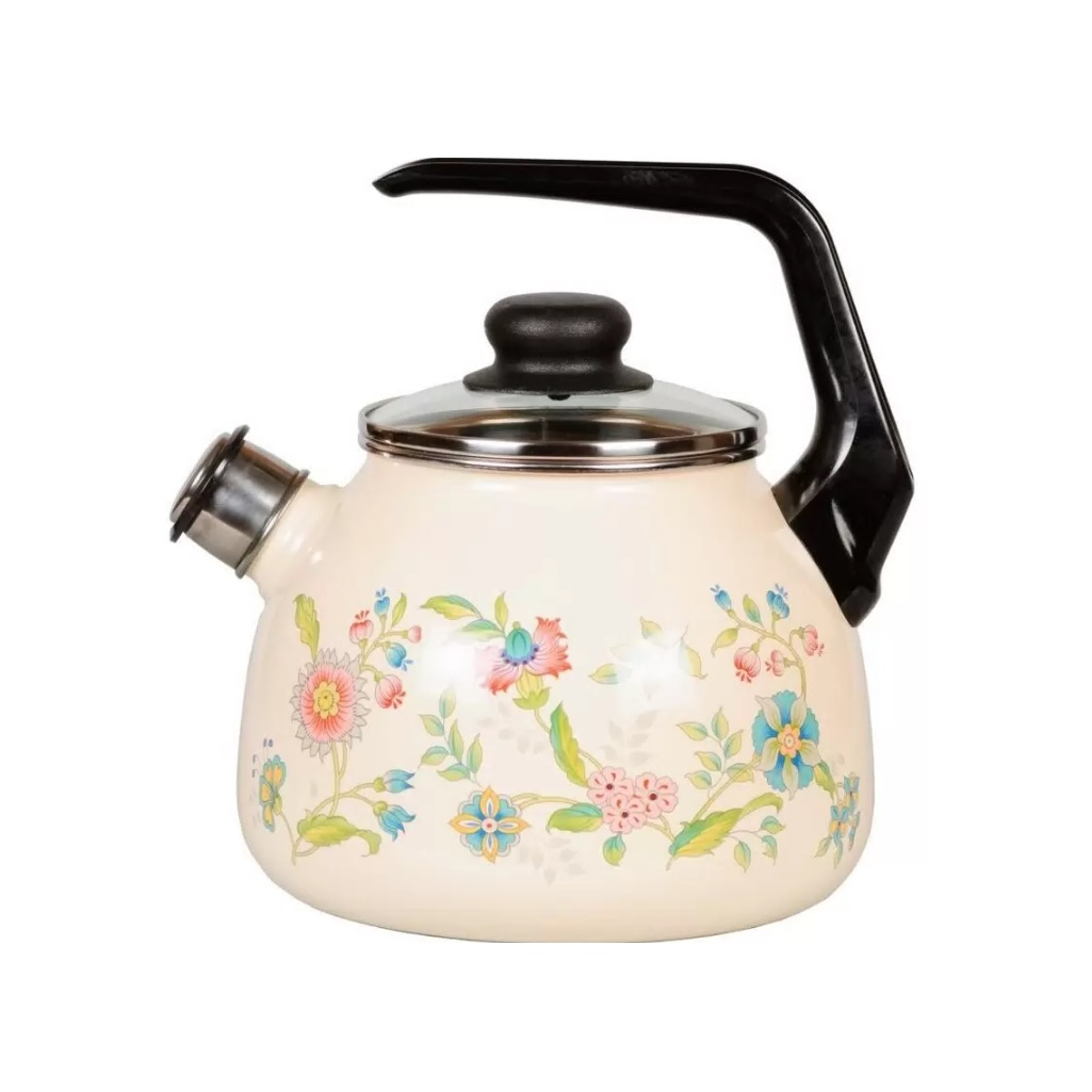Чайник эмалированный СтальЭмаль Луговые цветы, со свистком, ручка консольная, индукция, 3 л