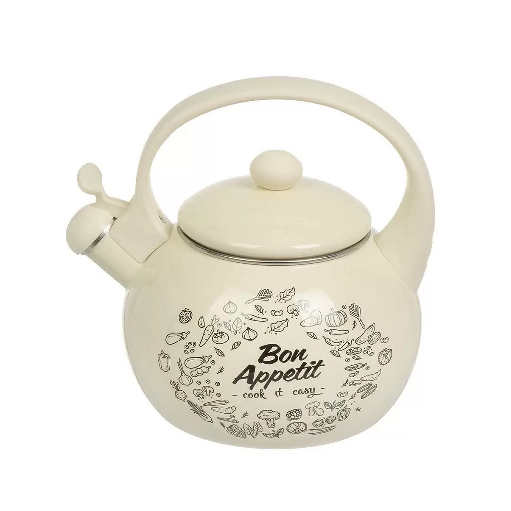 Чайник эмалированный Daniks Bon Appetit, бежевый, со свистком, индукция, 2.2 л