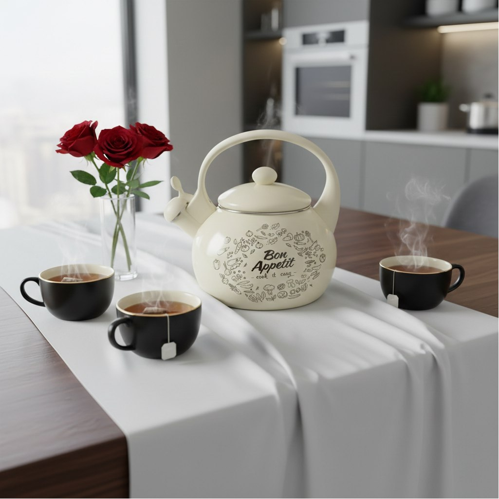 Чайник эмалированный Daniks Bon Appetit, бежевый, со свистком, индукция, 2.2 л