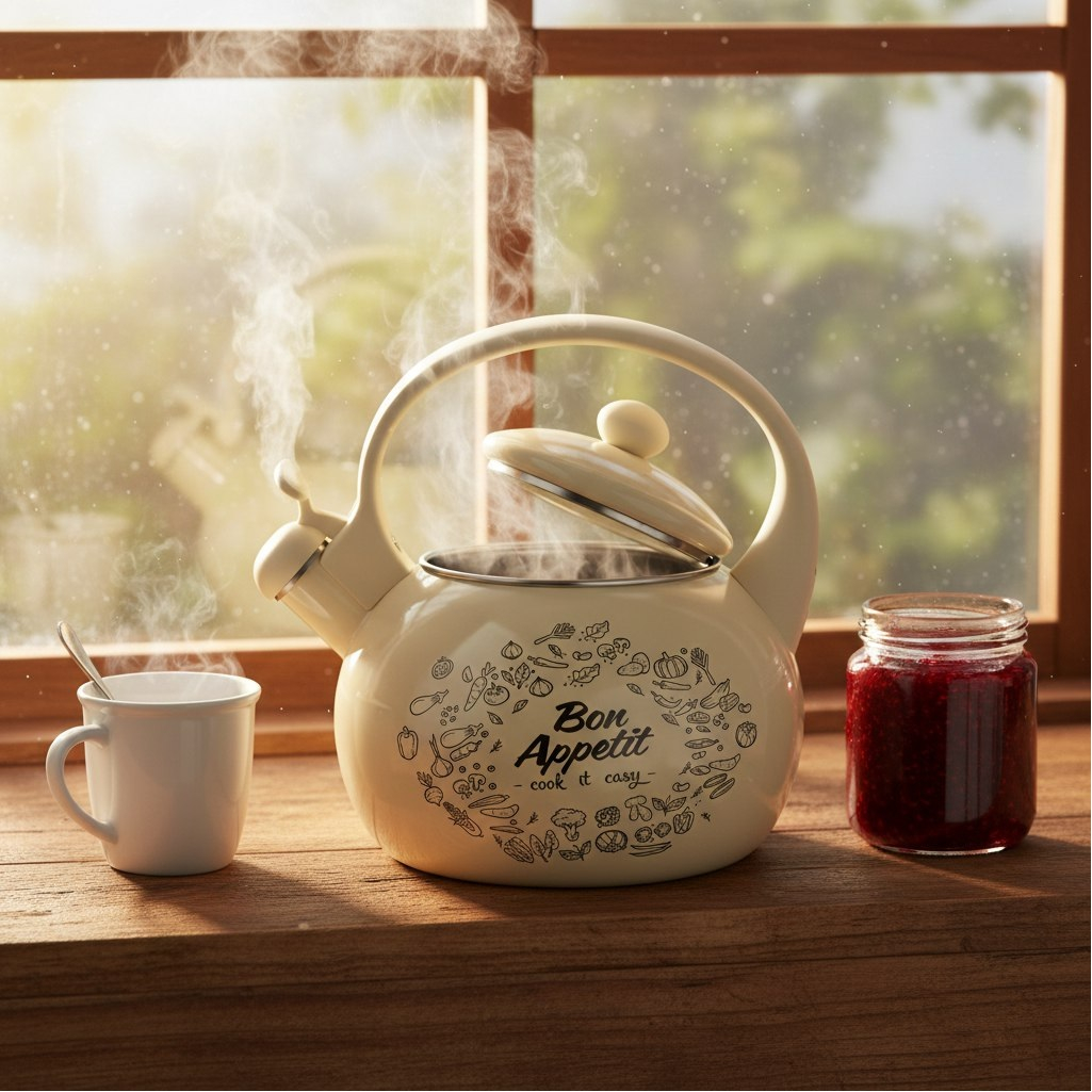 Чайник эмалированный Daniks Bon Appetit, бежевый, со свистком, индукция, 2.2 л
