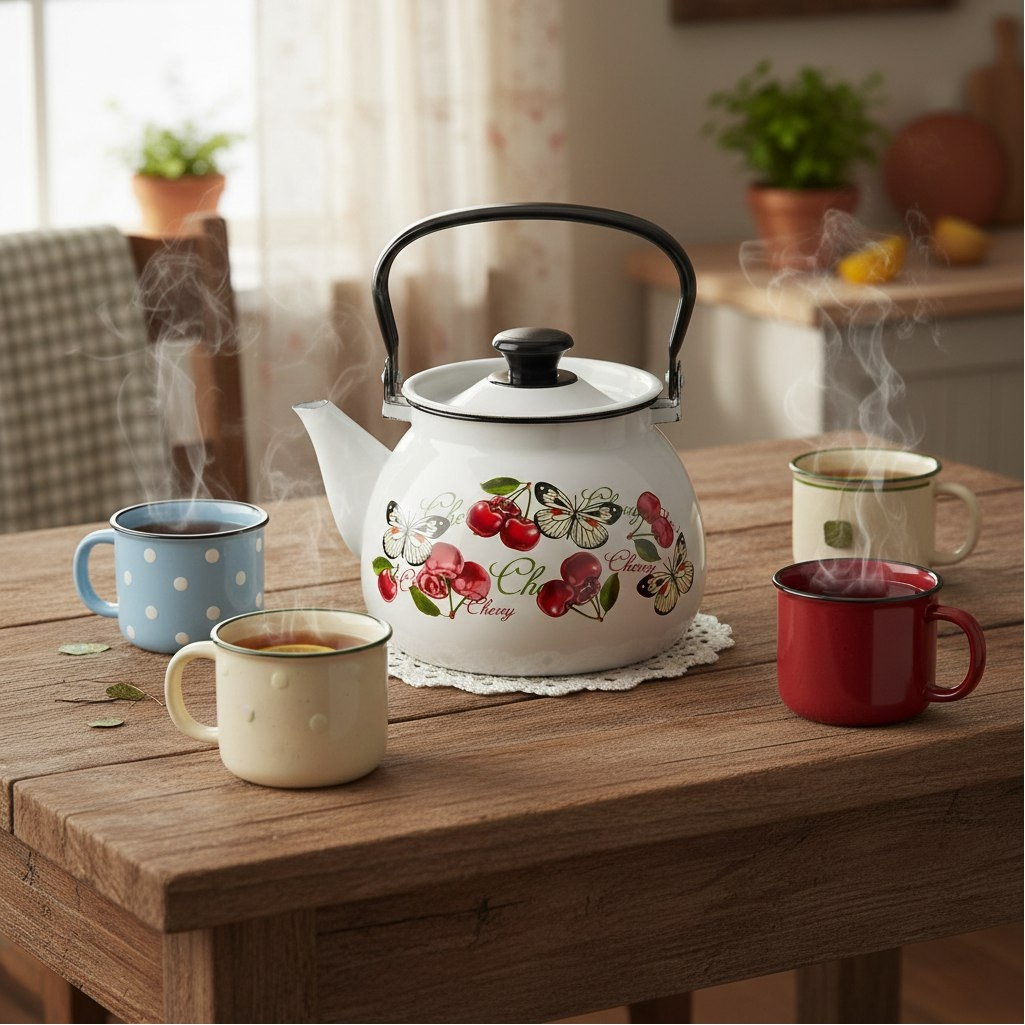 Чайник эмалированный Керчь 42104-132/6-У4, Черешенка, белый 3.5 л