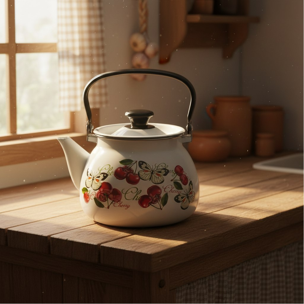 Чайник эмалированный Керчь 42104-132/6-У4, Черешенка, белый 3.5 л
