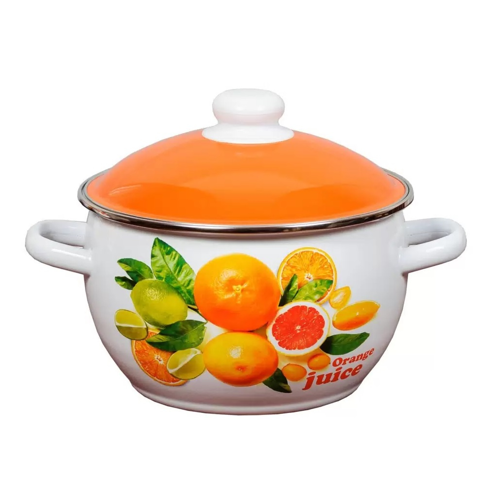 Кастрюля эмалированная СтальЭмаль Orange 515027, 4 л, крышка сталь, белая