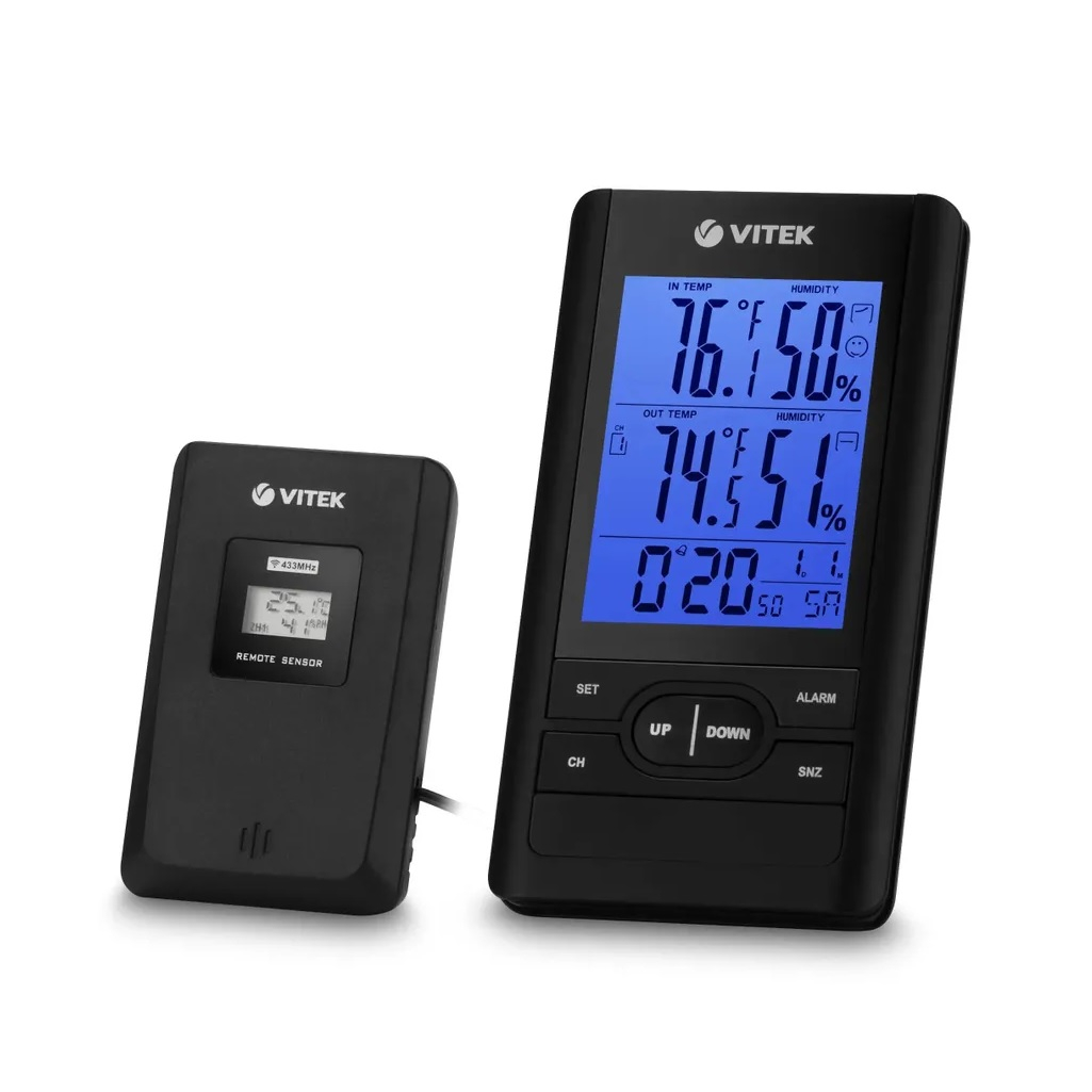 Метеостанция Vitek VT-3532, встроенные часы, индикация уровня заряда, черный