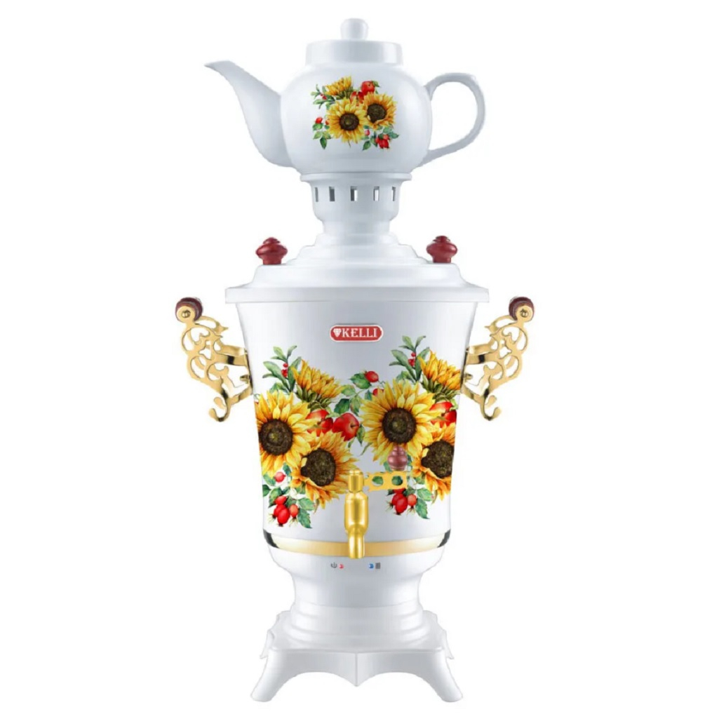 Самовар электрический Kelli KL-1477 4 л, белый с рисунком, с защитой от перегрева, 2300 Вт