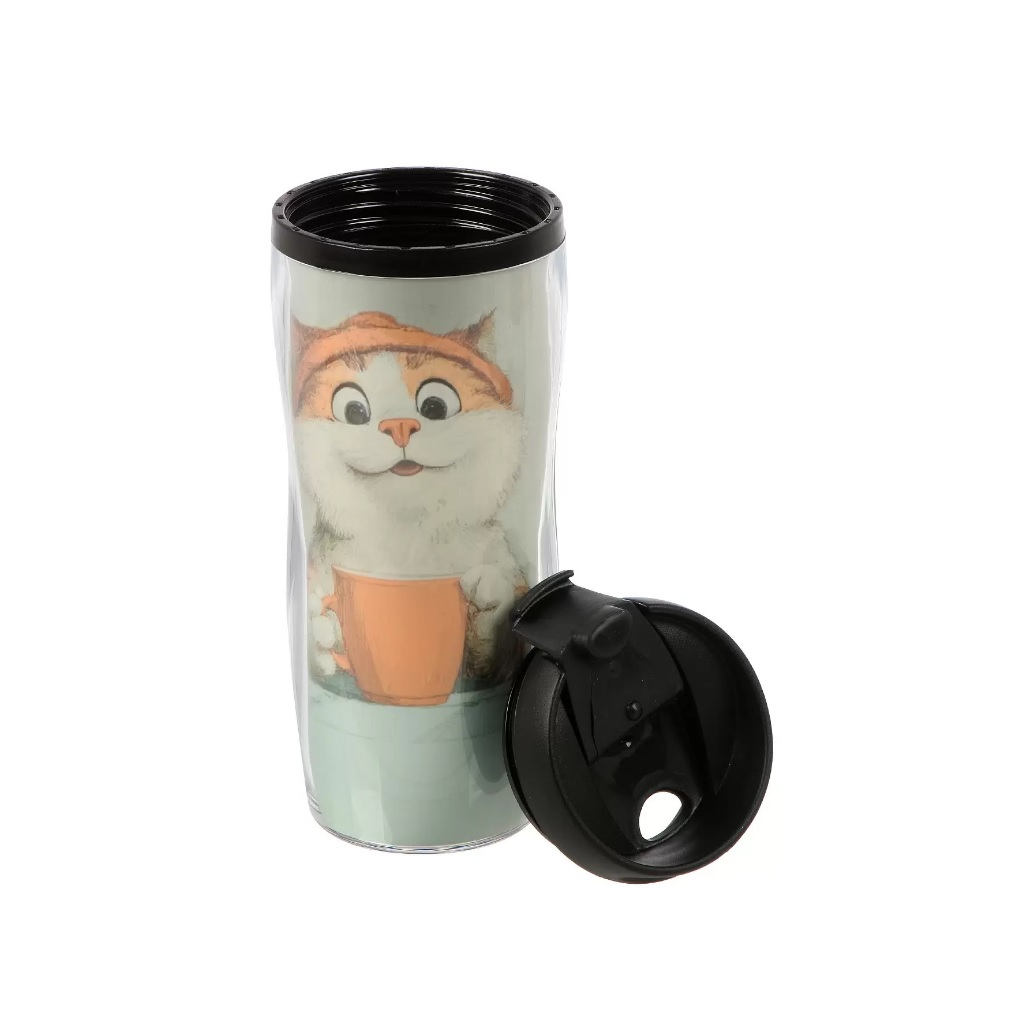 Термокружка Daniks Кот YYCF001-ct, пластиковый корпус и колба, цвет голубой, объем 380 мл