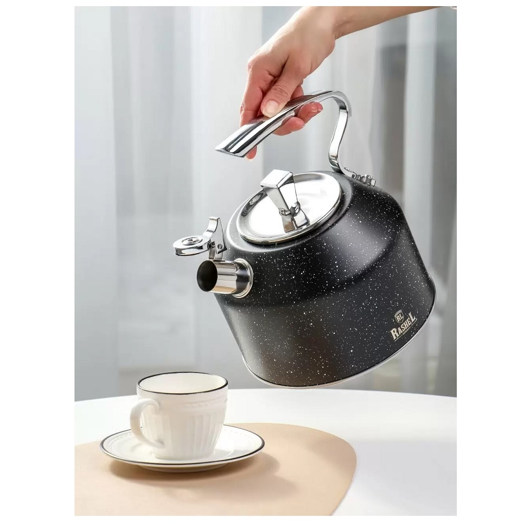 Чайник Rashel R-7831, 516155, нержавеющая сталь, со свистком, индукция, черный, 3 л