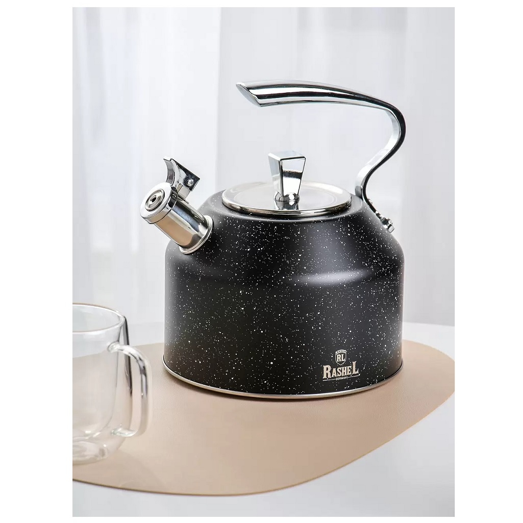 Чайник Rashel R-7831, 516155, нержавеющая сталь, со свистком, индукция, черный, 3 л