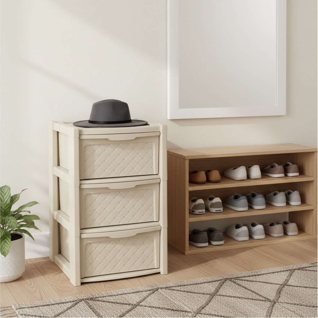 Комод Эльфпласт Виола 339, пластиковый, 3-х секционный, слоновая кость, 39х39х63.5 см