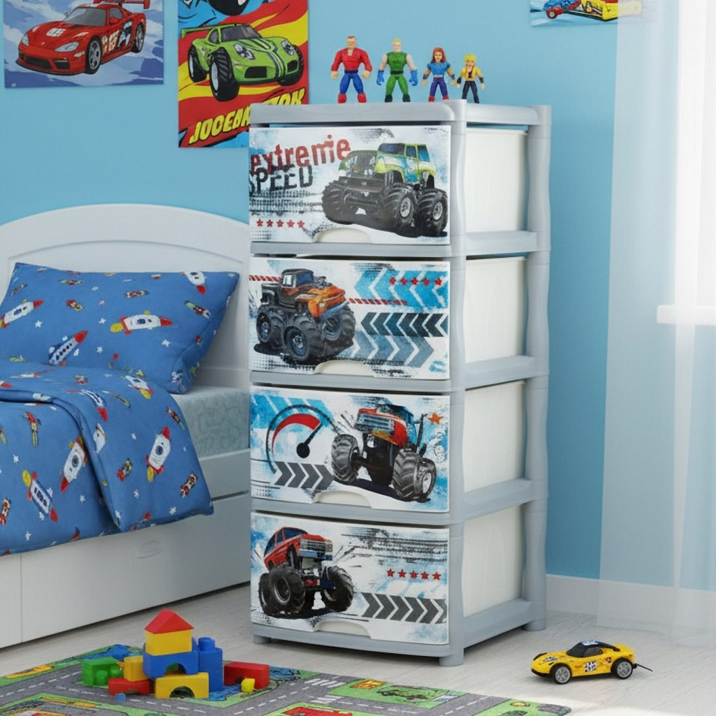 Комод четырехсекционный Little Angel Cool Супер трак, детский, серебристый