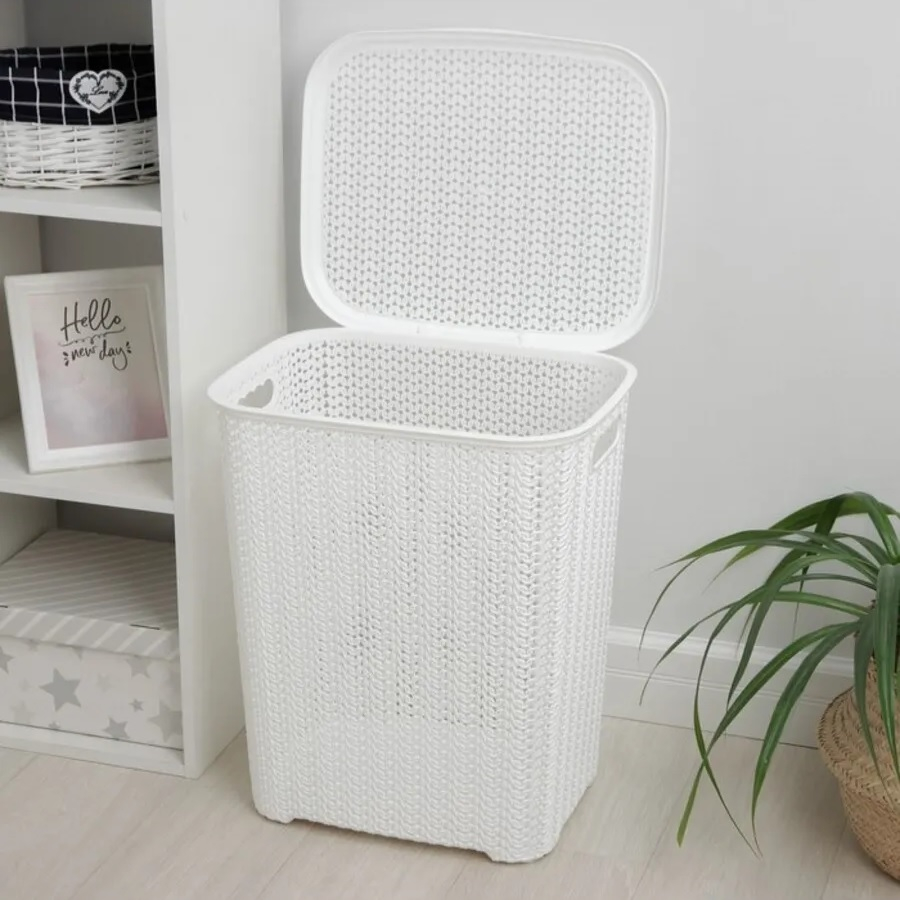 Корзина для белья VIiolet Вязь 204006, с крышкой, пластик, белая, 320х380х460 мм, 40 л