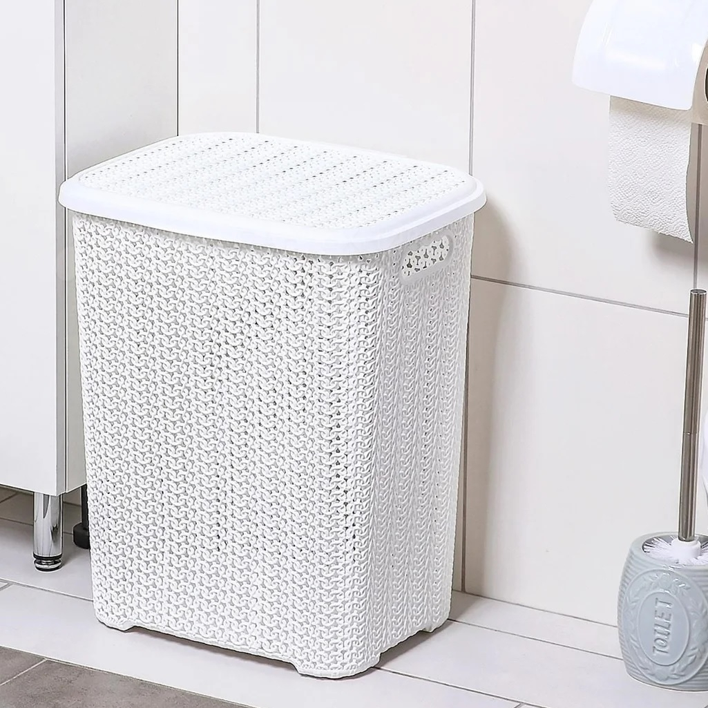 Корзина для белья VIiolet Вязь 206006, с крышкой, пластик, белая, 360х440х520 мм, 60 л