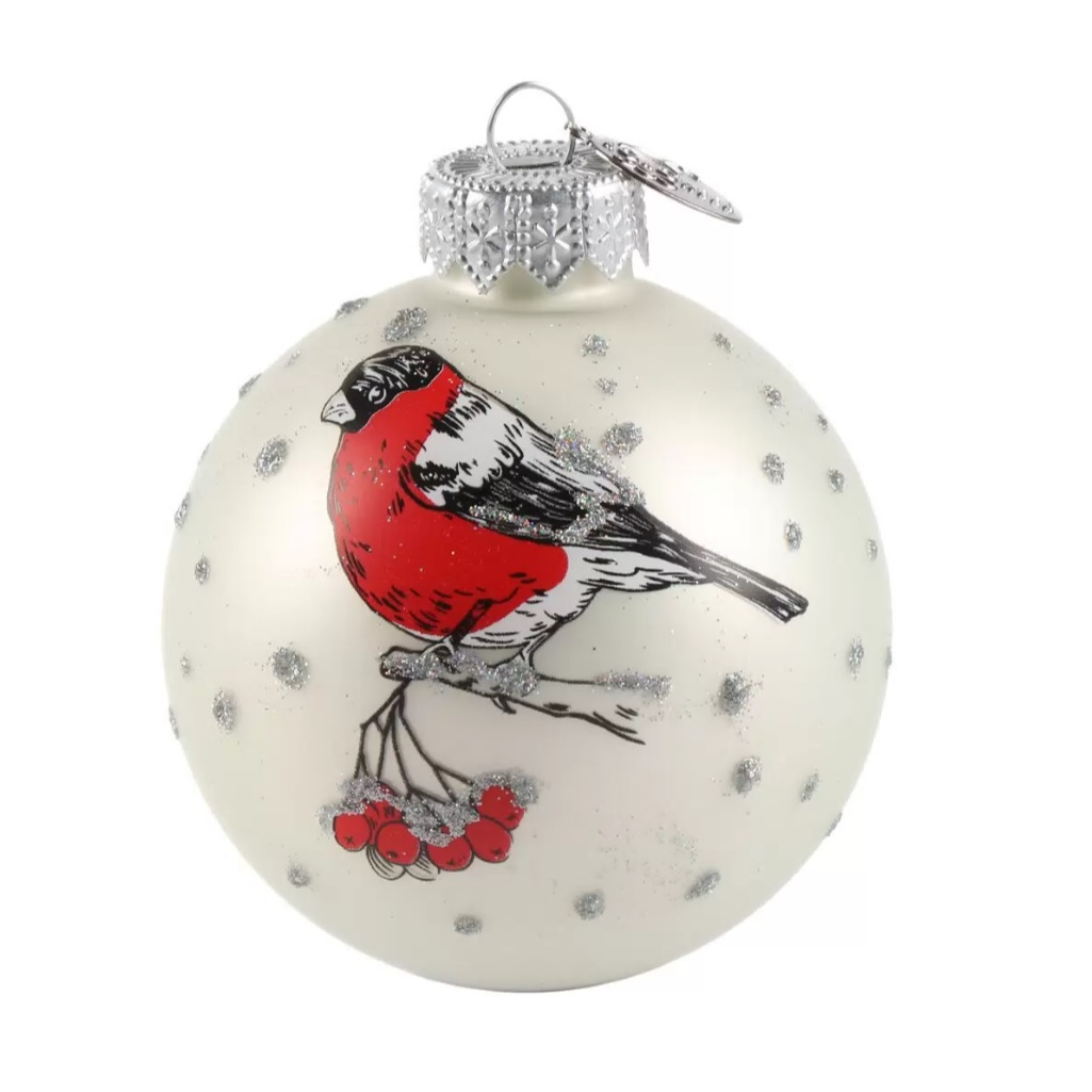 Шар елочный 486103 Веселый снегирь-3, для декора интерьера, белый, диаметр 6.5 см
