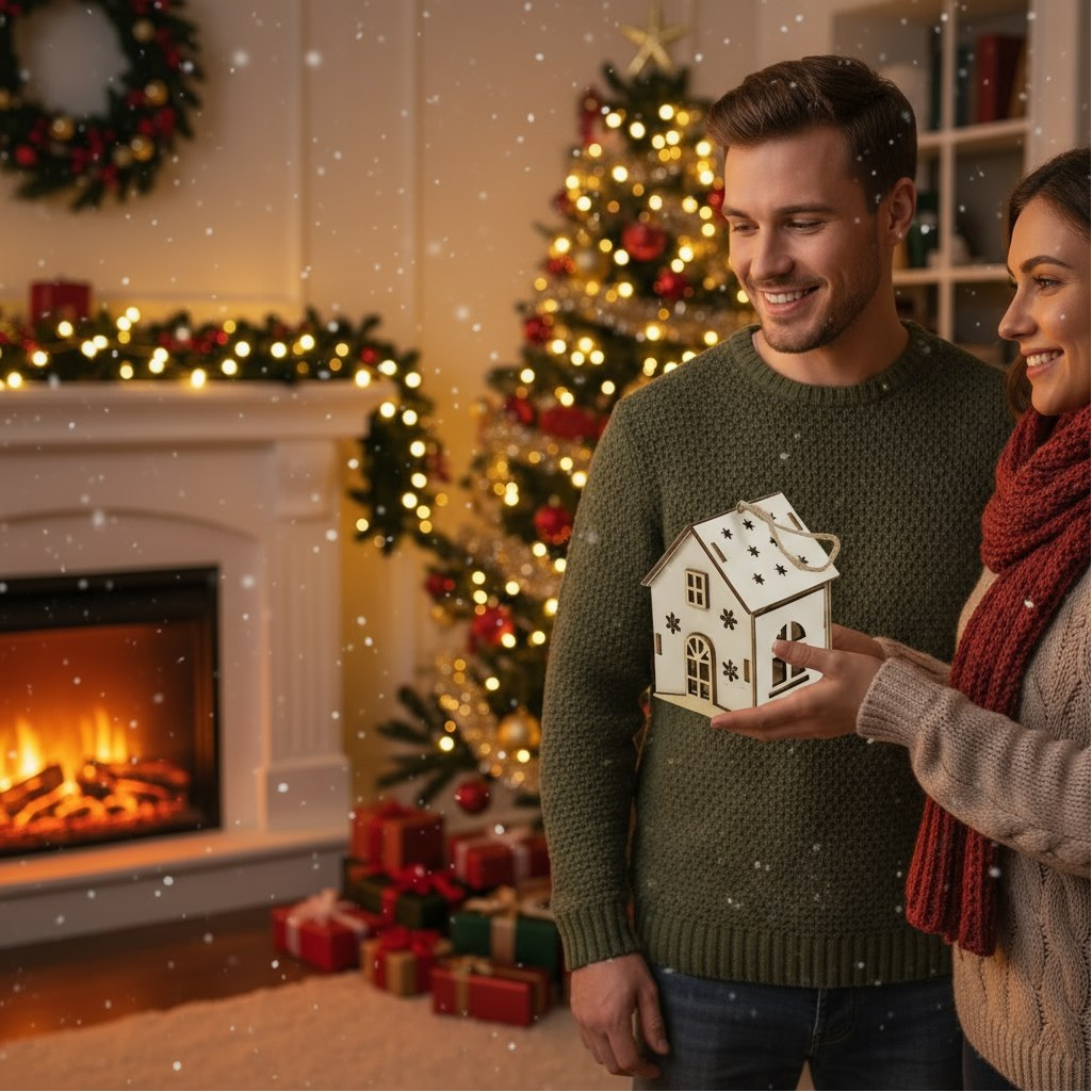 Украшение елочное Y4-8481, МДФ, Эко коллекция, Домик, бежевый, 6x8.5 см