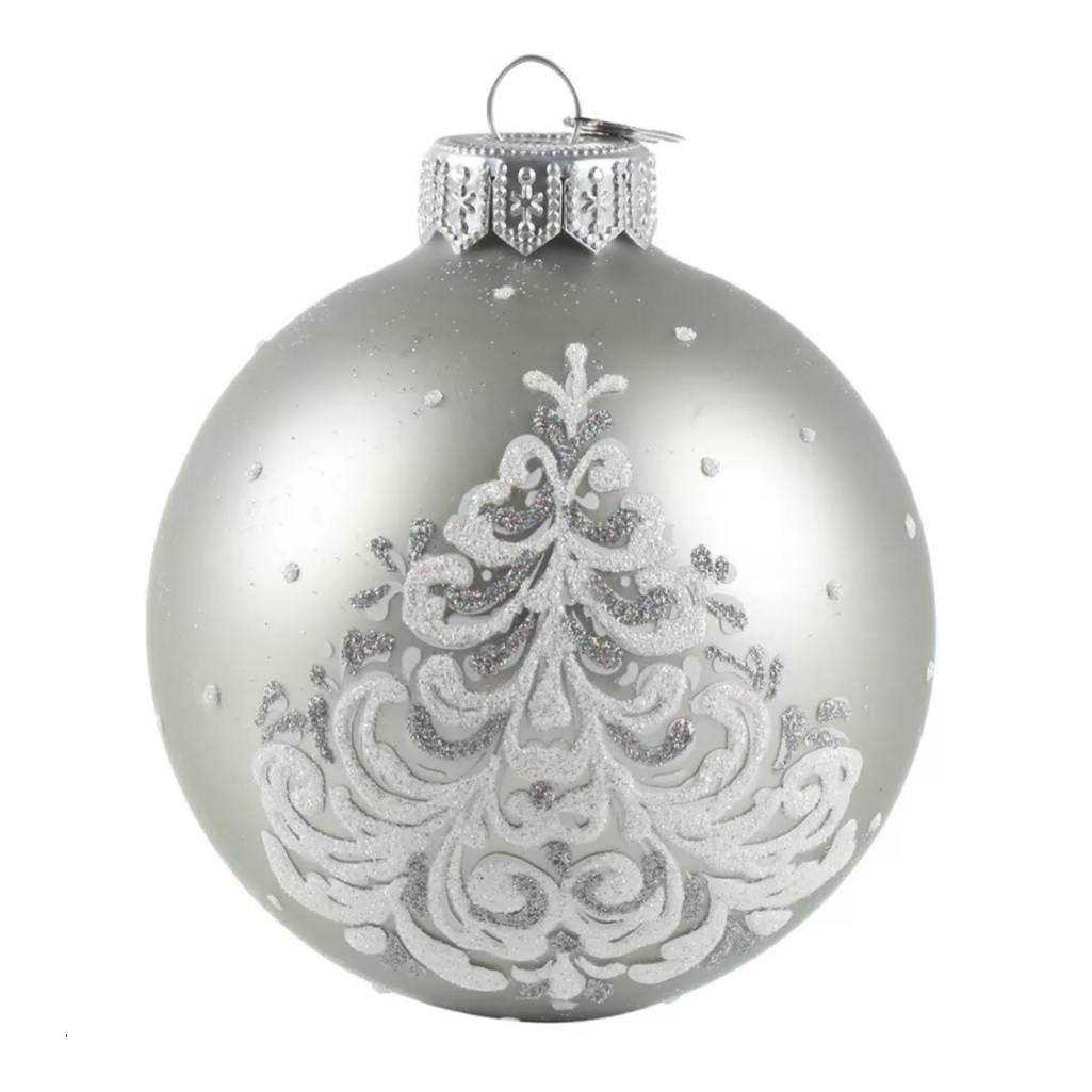 Шар елочный КУ-80-214235 Ёлочка кудрявая, диаметр 8 см, серебристый, в подарочной упаковке