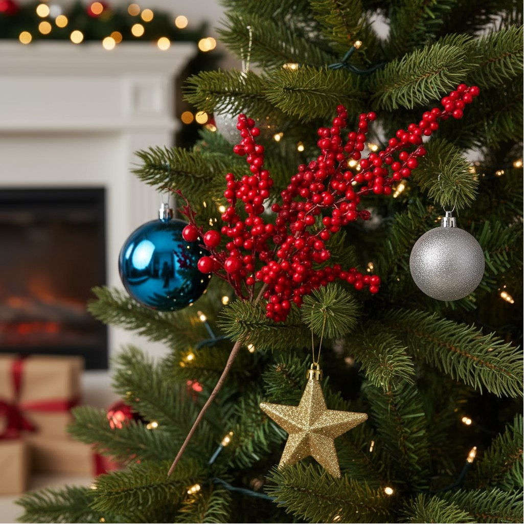 Ветка декоративная Y4-9505, искусственная, с ягодами, красная, длина 57 см